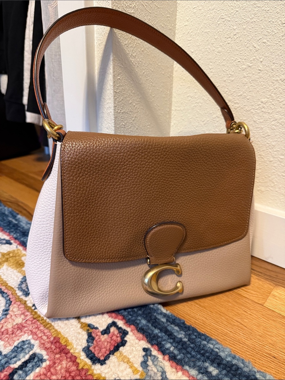 Coach Two-Tone Brown & Cream Pebble Leather Shoulder Bag
